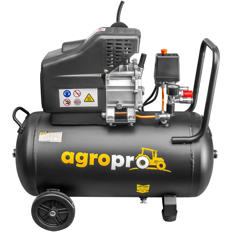 Compresor AgroPro AirPRO 2050B putere 1.5 kW debit 206 l/min presiune 8 bari rezervor 50l kit 5 accesorii ulei inclus