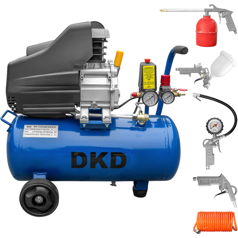 Compresor DKD XYBM24B putere 1.5 kW debit 180 l/min presiune 8 bari rezervor 24l kit 5 accesorii  si cuple rapide
