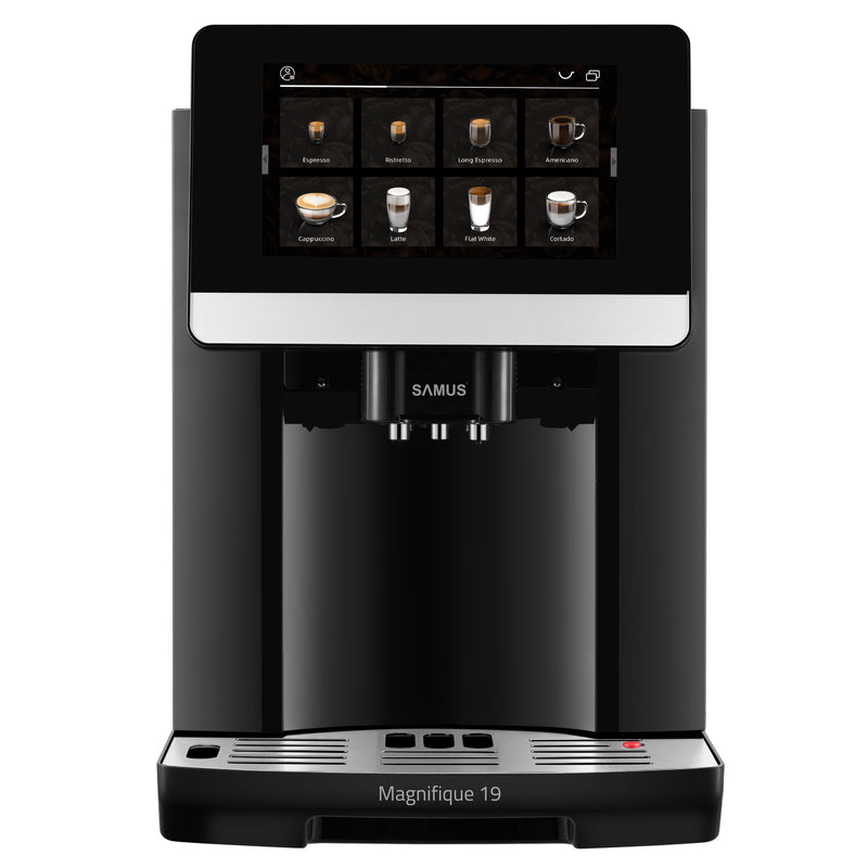 Espressor cafea Samus Magnifique 19 Putere 1200-1450 W 19 bari Rezervor apa 1.7 L Recipient cafea boabe 250 g 20 tipuri bauturi Sistem extractie lapte cu furtun 25 cm Inaltime reglabila duze cafea