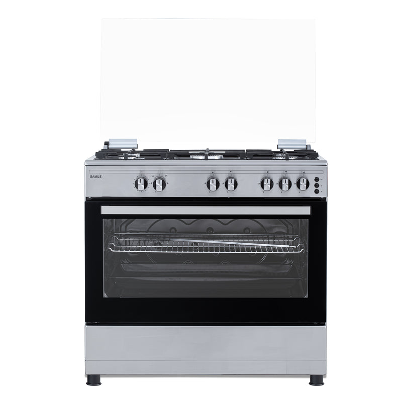 Aragaz pe gaz Samus SM950AGRXS1 5 arzatoare gaz cuptor pe gaz 92 litri aprindere electrica dispozitiv siguranta plita dispozitiv siguranta cuptor geam dublu cuptor timer capac metalic latime 90 cm