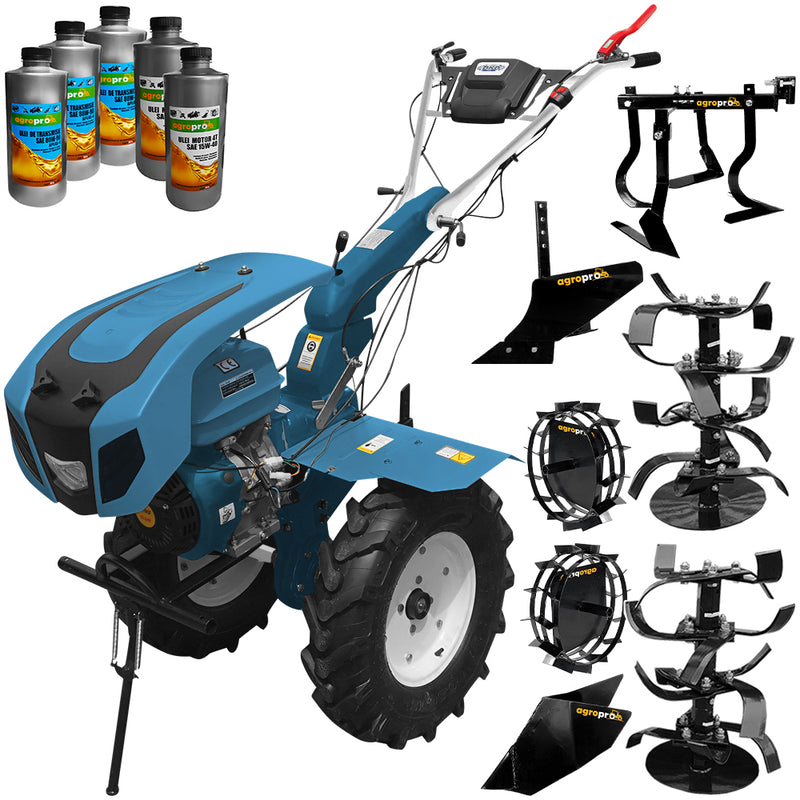 Pachet Motocultor profesional DKD HS 1100D 13 CP roti cauciuc freze reglabile 90-120 cm roti metal plug arat rarita fixa prasitoare + 3l ulei transmisie + 1.5l ulei motor AgroPro