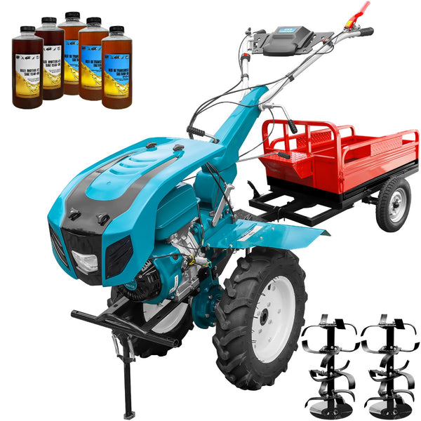 Motocultor profesional DKD HS 1100D motor 16 CP latime lucru 90-120 cm capota cu far freze roti cauciuc remorca 5l ulei