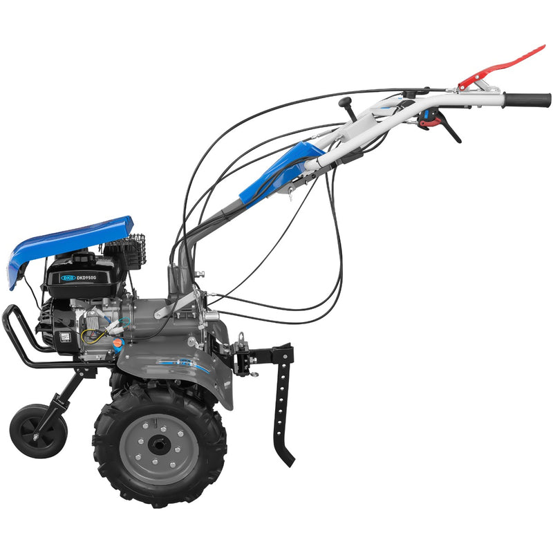 Motocultor DKD 950 G motor 7 CP benzina 2+1 viteze latime lucru 95 cm freze roti cauciuc 4.00x8&quot; capota cu far LED roti metal cultivator plug reversibil 3l ulei