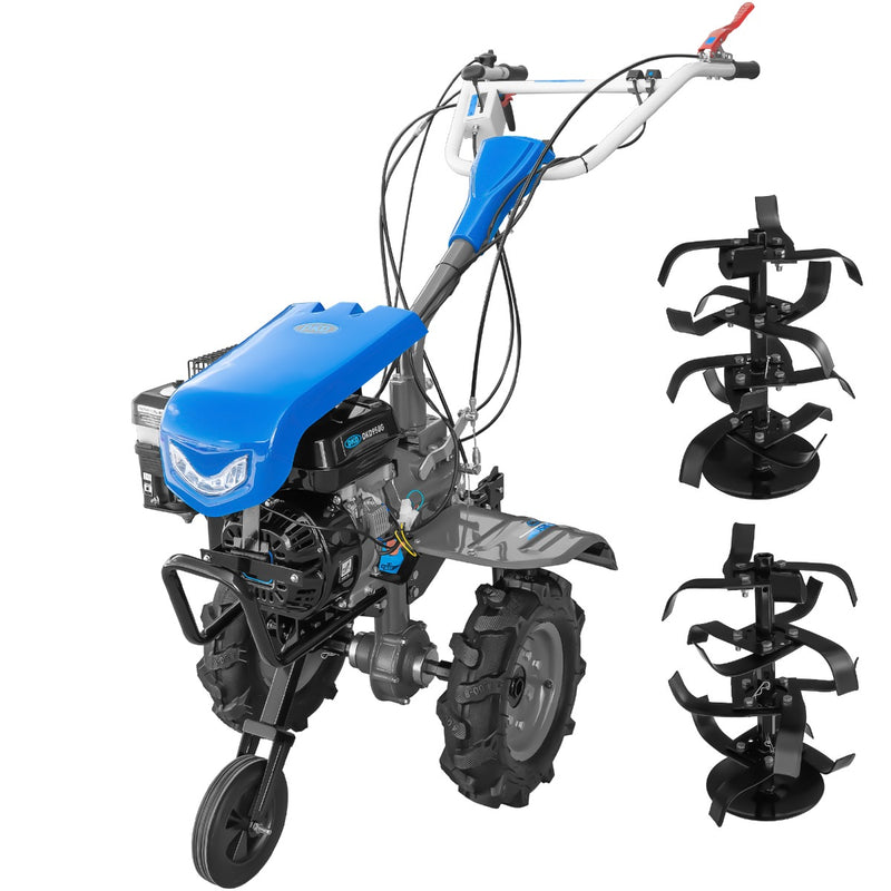 Motocultor DKD 950 G motor 7 CP benzina 2+1 viteze latime lucru 95 cm freze roti cauciuc 4.00x8&quot; capota cu far LED roti metal plug arat rarita reglabila plug cartofi 3l ulei