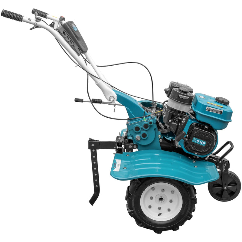Motosapa DKD HS 900 motor 7CP latime lucru 90 cm 2+1 viteze transmisie fonta freze roti cauciuc 4.00x8 roata frontala roti metal plug arat rarita reglabila plug cartofi cultivator 2l ulei AgroPro