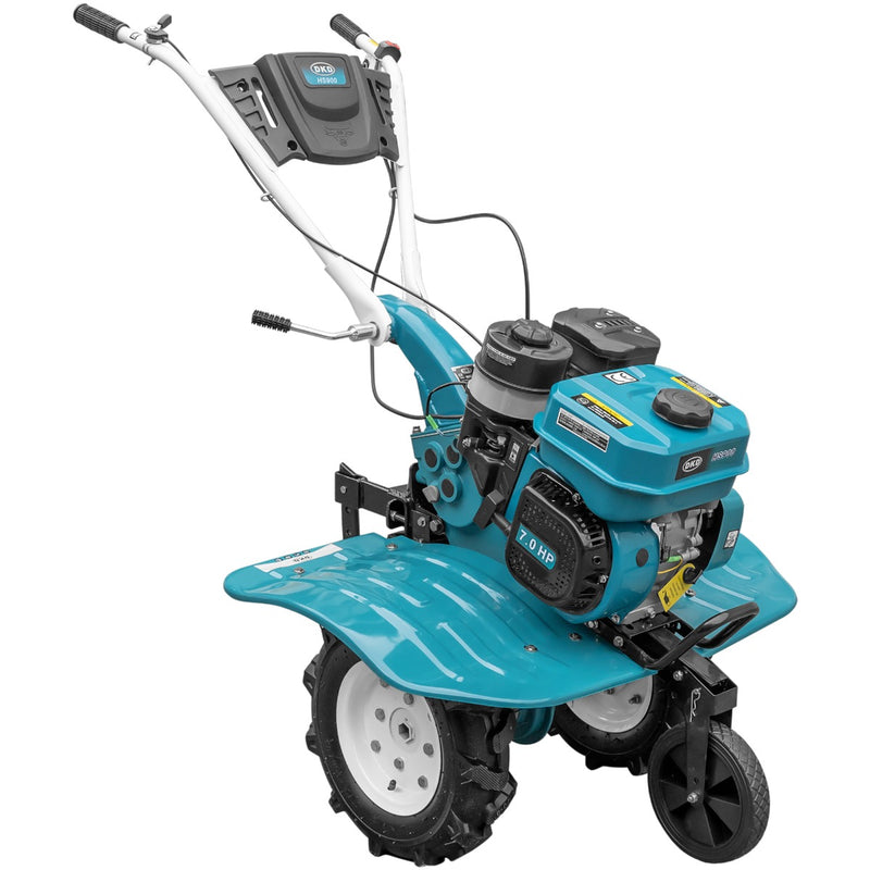 Motosapa DKD HS 900 motor 7CP latime lucru 90 cm 2+1 viteze transmisie fonta freze roti cauciuc 4.00x8 roata frontala roti metal plug arat rarita reglabila plug cartofi 2l ulei AgroPro