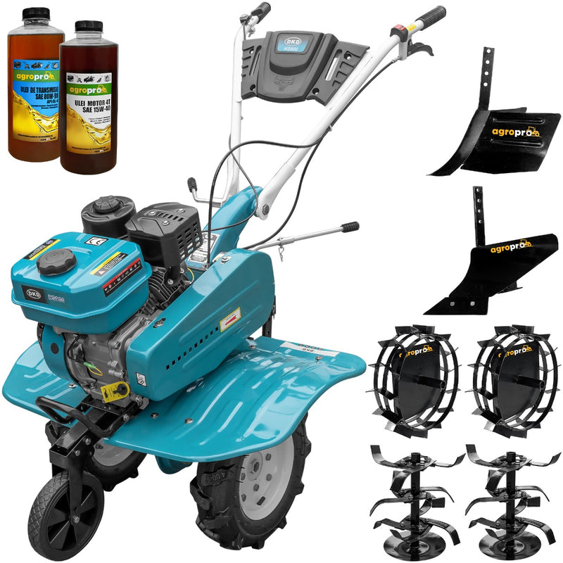 Motosapa DKD HS 900 motor 7CP latime lucru 90 cm 2+1 viteze transmisie fonta freze roti cauciuc 4.00x8 roata frontala roti metal plug arat rarita reglabila 2l ulei AgroPro