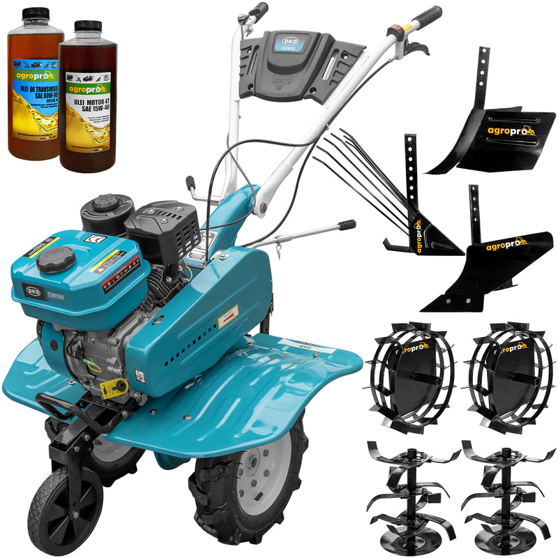 Motosapa DKD HS 900 motor 7CP latime lucru 90 cm 2+1 viteze transmisie fonta freze roti cauciuc 4.00x8 roata frontala roti metal plug arat rarita reglabila plug cartofi 2l ulei AgroPro