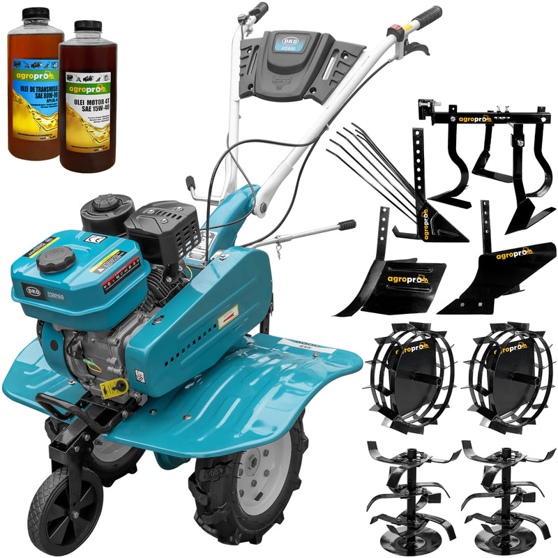 Motosapa DKD HS 900 motor 7CP latime lucru 90 cm 2+1 viteze transmisie fonta freze roti cauciuc 4.00x8 roata frontala roti metal plug arat rarita reglabila plug cartofi cultivator 2l ulei AgroPro