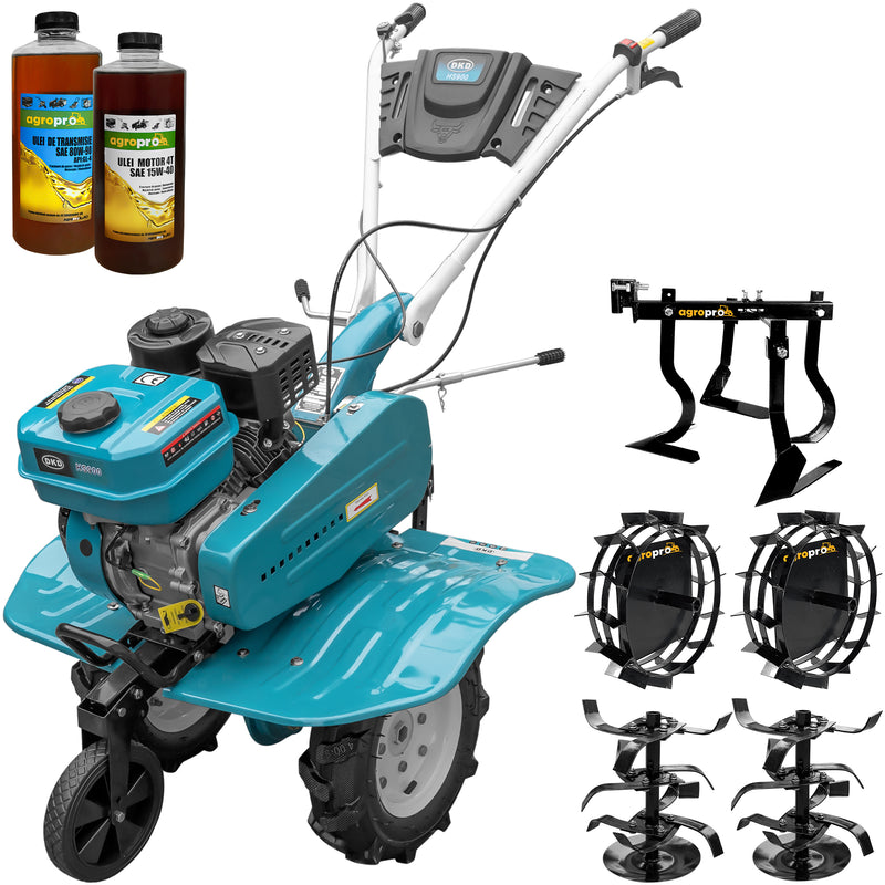 Motosapa DKD HS 900 motor 7CP latime lucru 90 cm 2+1 viteze transmisie fonta freze roti cauciuc 4.00x8 roata frontala roti metal cultivator 2l ulei AgroPro