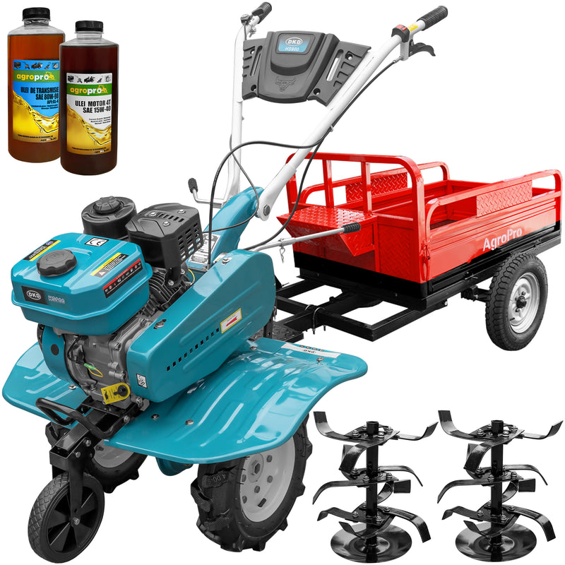 Motosapa DKD HS 900 motor 7CP latime lucru 90 cm 2+1 viteze transmisie fonta freze roti cauciuc 4.00x8 roata frontala remorca 2l ulei AgroPro
