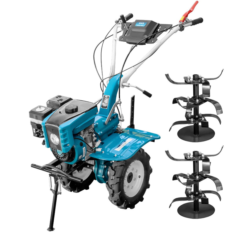 Motocultor DKD 1000B NEW motor 7 CP latime lucru 80 cm freze roti cauciuc 4.00-8 capota cu far roti metal rarita reglabila plug arat plug cartofi 3l ulei
