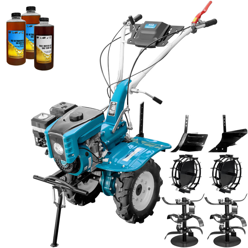 Motocultor DKD 1000B NEW motor 7 CP latime lucru 80 cm freze roti cauciuc 4.00-8 capota cu far roti metal rarita reglabila plug arat 3l ulei