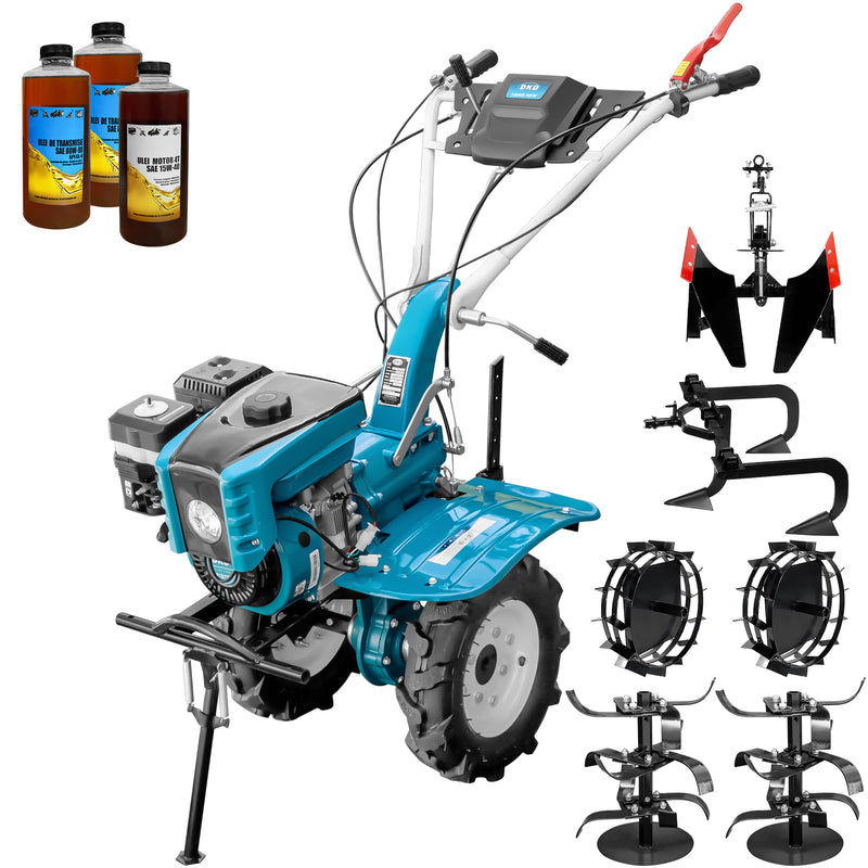 Motocultor DKD 1000B NEW motor 7 CP latime lucru 80 cm freze roti cauciuc 4.00-8 capota cu far roti metal cultivator plug reversibil 3l ulei