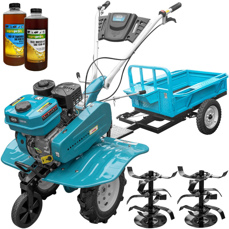 Motosapa DKD HS 900 motor 7CP latime lucru 90 cm 2+1 viteze transmisie fonta freze roti cauciuc 4.00x8 roata frontala remorca 2l ulei AgroPro