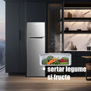 Frigider Samus SX346E cu 2 usi si 4 rafturi 248 litri clasa E argintiu inaltime 165.5 cm termostat reglabil dezghetare automata la frigider usi reversibile picioare reglabile