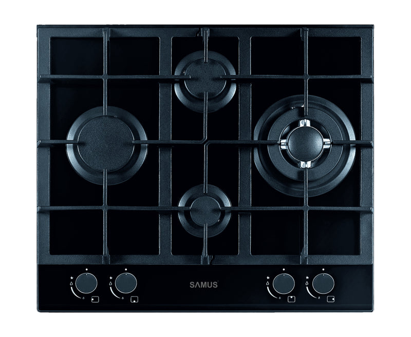 Plita pe gaz incorporabila Samus PSG-64SG2 4 arzatoare arzator Wok putere 8.6 kW aprindere electrica dispozitiv siguranta arzatoare suport sticla
