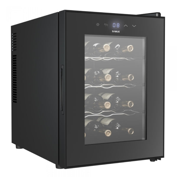 Racitor termoelectric (pentru vinuri) Samus SRV37CR12 3 rafturi din metal 33 litri capacitate 12 sticle clasa E racire termoelectrica iluminare interioara LED control tactil cu afisaj electronic 48 x 34.5 x 51.5 cm