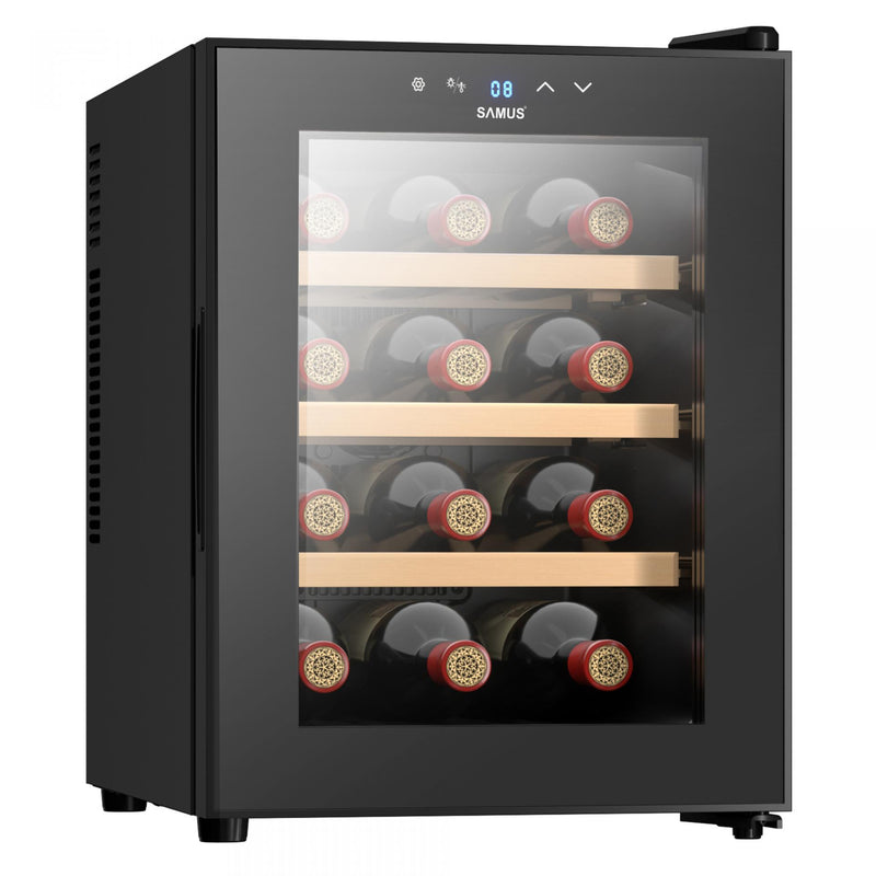 Racitor termoelectric (pentru vinuri) Samus SRV36LM12 3 rafturi din lemn 33 litri capacitate 12 sticle clasa F racire termoelectrica iluminare interioara LED control tactil cu afisaj electronic 48 x 34.5 x 51 cm