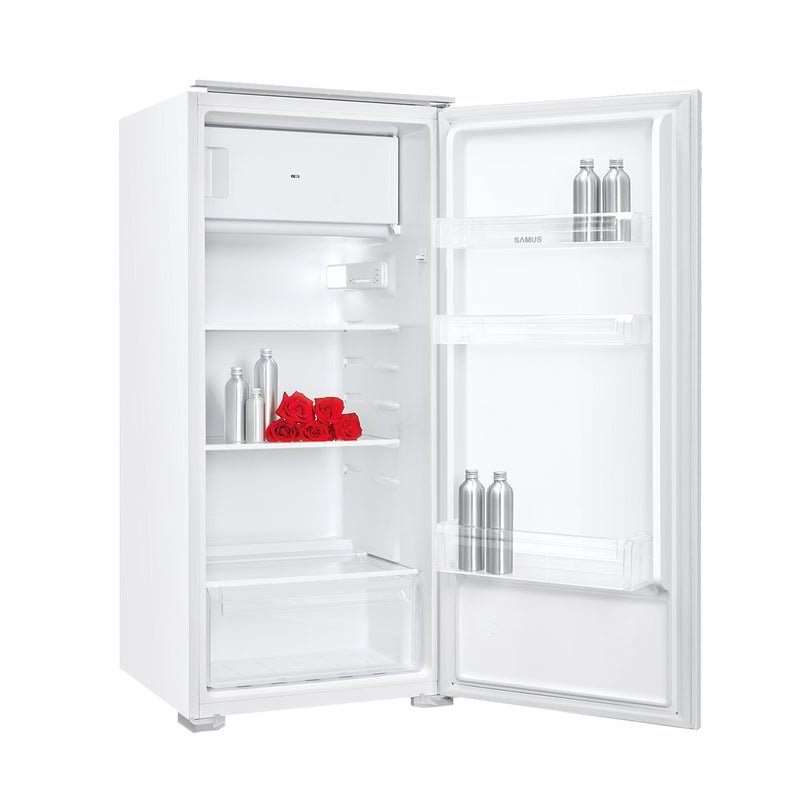 Frigider incorporabil Samus SFBI222 cu 1 usa si 3 rafturi 181 litri, clasa F alb inaltime 123 cm termostat reglabil usa reversibila lumina interioara tip LED picioare reglabile