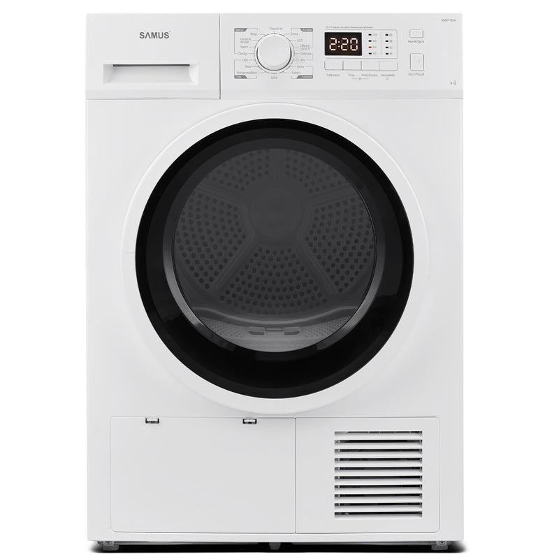 Uscator de rufe Samus SGDP-824 pompa de caldura 8 kg clasa E latime 60 cm memorare program favorit functie Antisifonare blocare acces copii optiune pornire intarziata