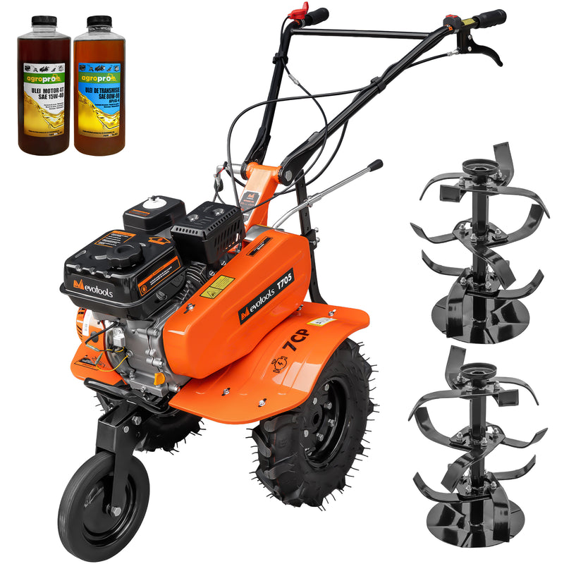Motosapa Evotools T705 motor 7 CP 2+1 viteze latime lucru 84 cm freze roti cauciuc roata frontala 2l ulei