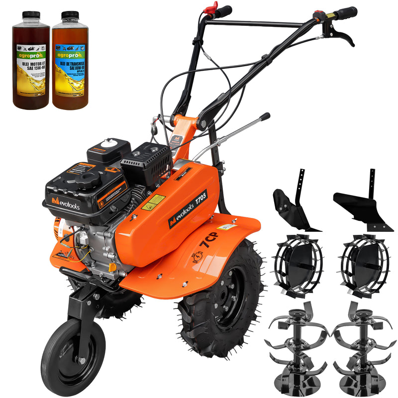 Motosapa Evotools T705 motor 7 CP 2+1 viteze latime lucru 84 cm freze roti cauciuc roata frontala roti metal plug arat rarita reglabila 2l ulei