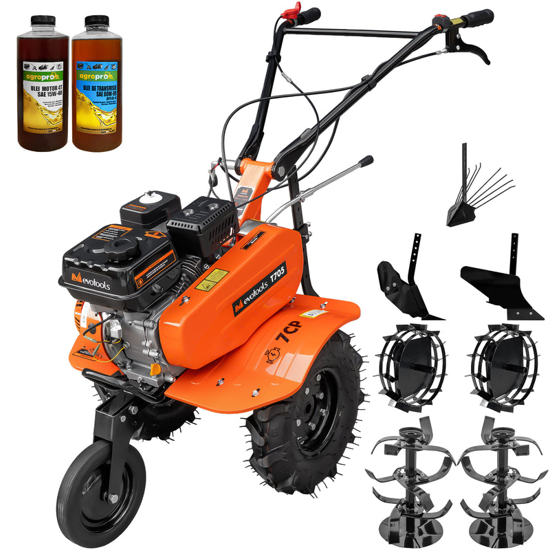 Motosapa Evotools T705 motor 7 CP 2+1 viteze latime lucru 84 cm freze roti cauciuc roata frontala roti metal plug arat rarita reglabila plug cartofi 2l ulei