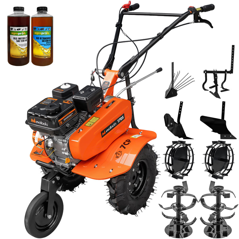 Motosapa Evotools T705 motor 7 CP 2+1 viteze latime lucru 84 cm freze roti cauciuc roata frontala roti metal plug arat rarita reglabila plug cartofi cultivator 2l ulei