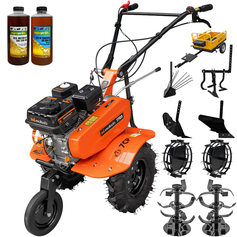Motosapa Evotools T705 motor 7 CP 2+1 viteze latime lucru 84 cm freze roti cauciuc roata frontala roti metal plug arat rarita reglabila plug cartofi cultivator remorca 2l ulei