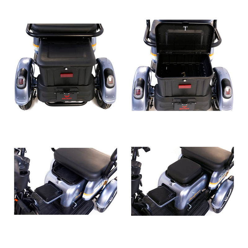Tricicleta electrica Rotakt Safari putere 1000W viteza 25 km/h autonomie 62 Km acumulatori 60V/20Ah greutate admisa 187kg fara permis Gri