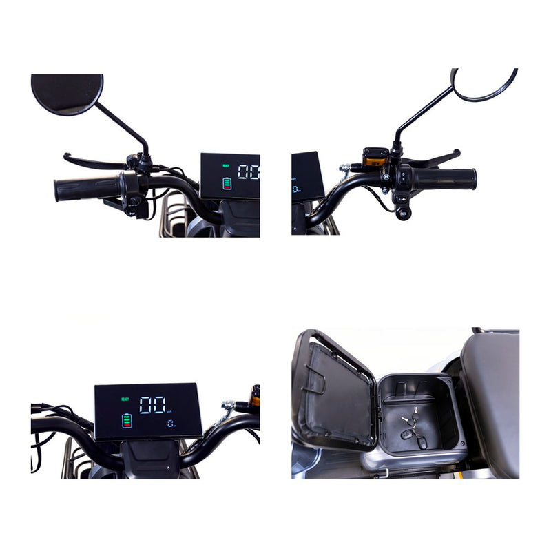 Tricicleta electrica Rotakt Safari putere 1000W viteza 25 km/h autonomie 62 Km acumulatori 60V/20Ah greutate admisa 187kg fara permis Gri