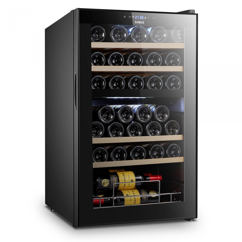 Racitor pentru vin Samus SRV98LMCD 5 rafturi din lemn 88 litri capacitate 33 sticle clasa G 2 zone de racire termostat reglabil racire cu compresor iluminare interioara LED control tactil cu afisaj electronic 88 x 53.5 x 46.5 cm