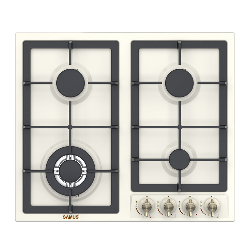 Plita pe gaz incorporabila Samus PSG-64VS2 4 arzatoare arzator Wok putere 8 kW aprindere electrica dispozitiv siguranta arzatoare latime 58 cm gratar fonta design retro