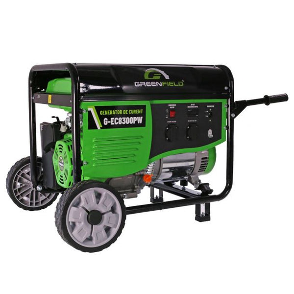 Generator de curent pe benzina Greenfield G-EC8300PW portabil pornire manuala monofazat 7.7 kVA roti transport