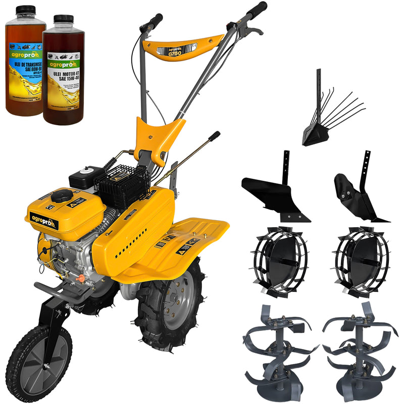 Motosapa AgroPro G750 motor 8 CP benzina 2+1 viteze latime lucru 60-80 cm freze roti cauciuc 4.00x8" roti metal plug arat rarita reglabila plug cartofi 2l ulei