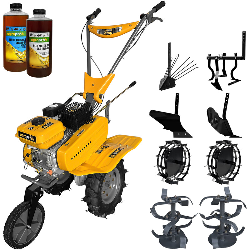 Motosapa AgroPro G750 motor 8 CP benzina 2+1 viteze latime lucru 60-80 cm freze roti cauciuc 4.00x8" roti metal plug arat rarita reglabila plug cartofi cultivator 2l ulei