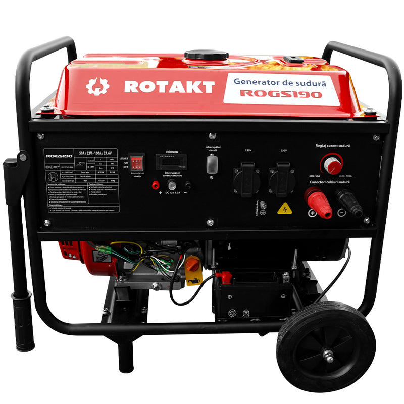Generator de curent cu sudura Rotakt ROGS190 putere 15 CP benzina pornire electrica roti transport rezervor 25 L