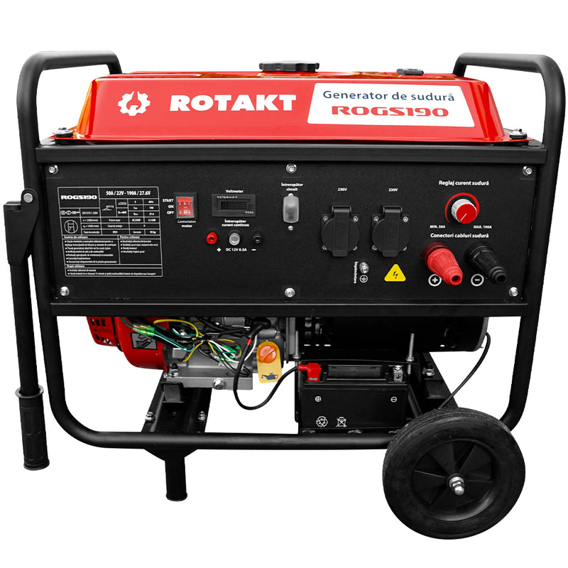 Generator de curent cu sudura Rotakt ROGS190 putere 15 CP benzina pornire electrica roti transport rezervor 25 L