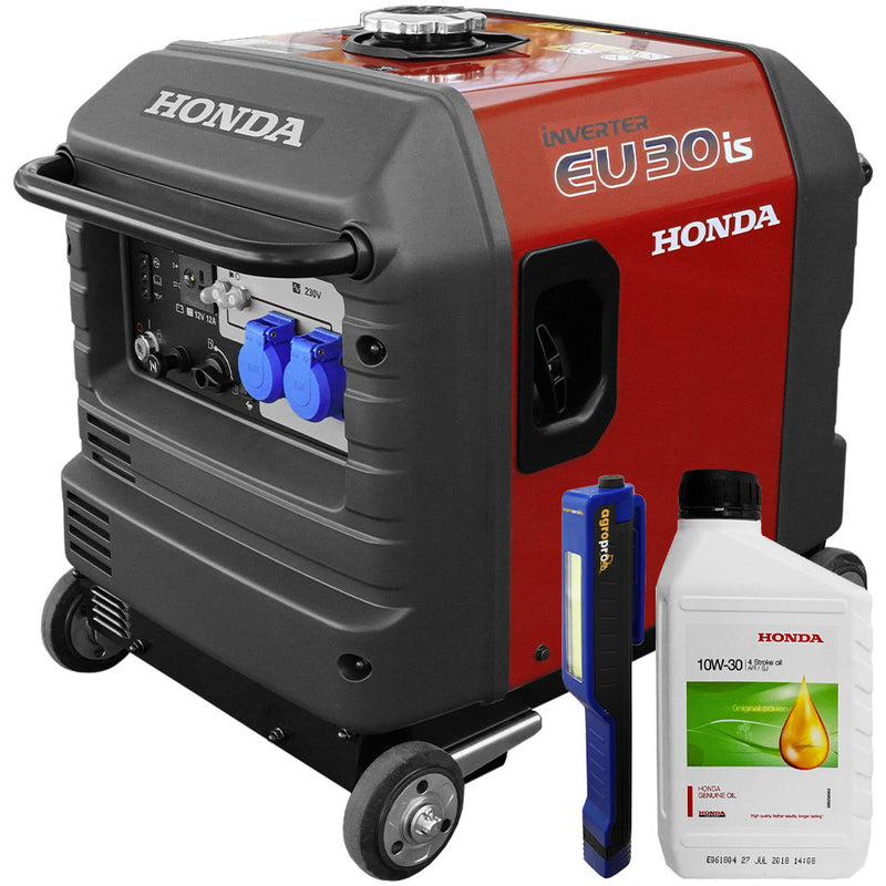 Pachet generator curent Honda EU30iS1 GA6 GW1 putere 3kW 230 V tip inverter benzina pornire electrica silentios roti transport +  lanterna LED magnetica AgroPro