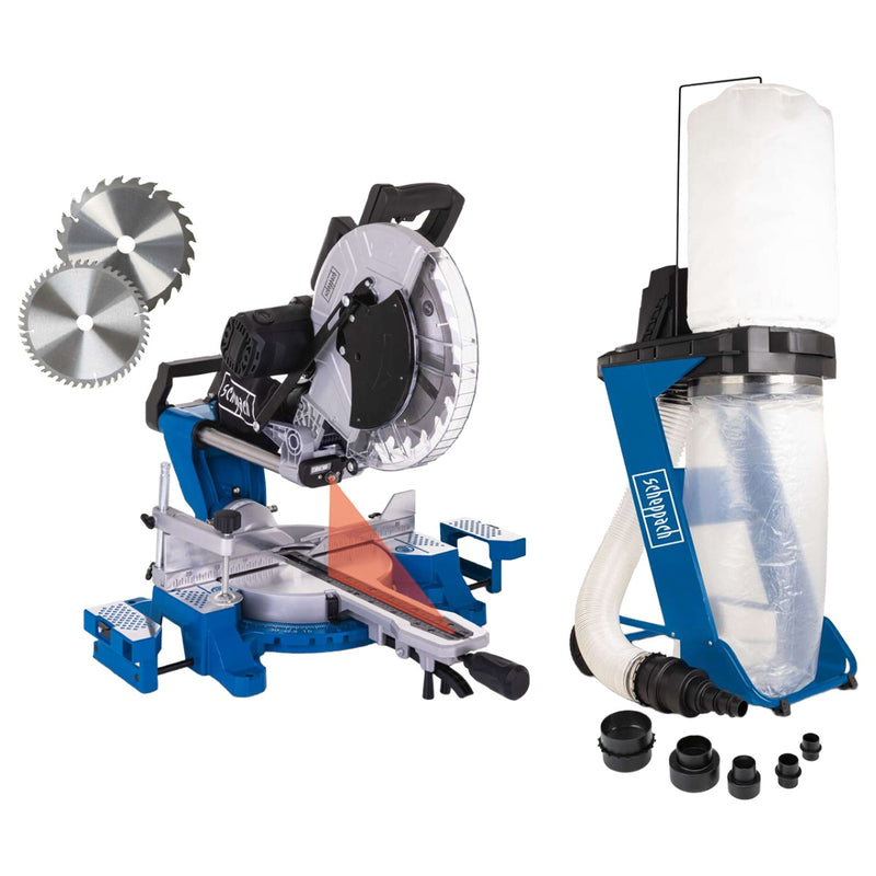 Fierastrau debitat Scheppach HM 140 L putere 2000 W turatie 3800 rpm panza 305 mm + Aspirator rumegus Scheppach DC 500