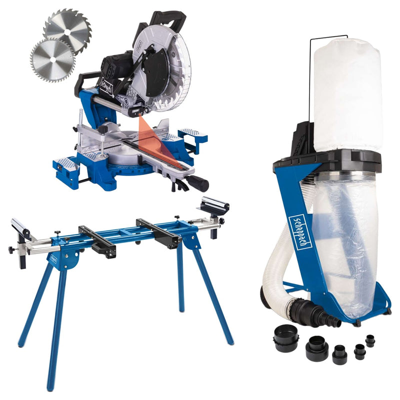 Fierastrau debitat Scheppach HM 140 L putere 2000 W turatie 3800 rpm panza 305 mm + Aspirator rumegus Scheppach DC 500 + Suport fierastrau debitat Scheppach UMF 1600