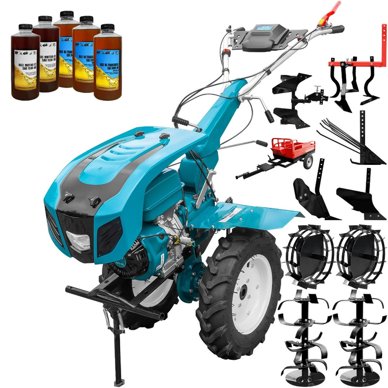 Motocultor profesional DKD HS 1100D motor 18 CP latime lucru 80-120 cm capota cu far freze roti cauciuc roti metal rarita reglabila plug arat plug cartofi cultivator plug reversibil remorca 5l ulei