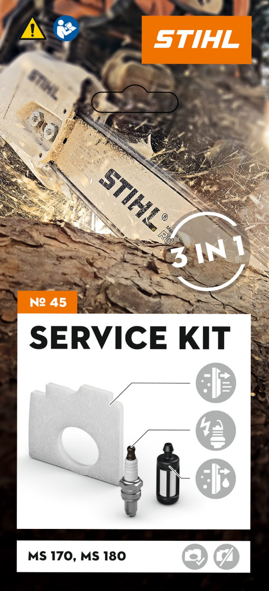 STIHL Kit Service 45 cu filtrul de aer din fleece, bujie, filtrul de combustibil pentru MS 170 / MS 180