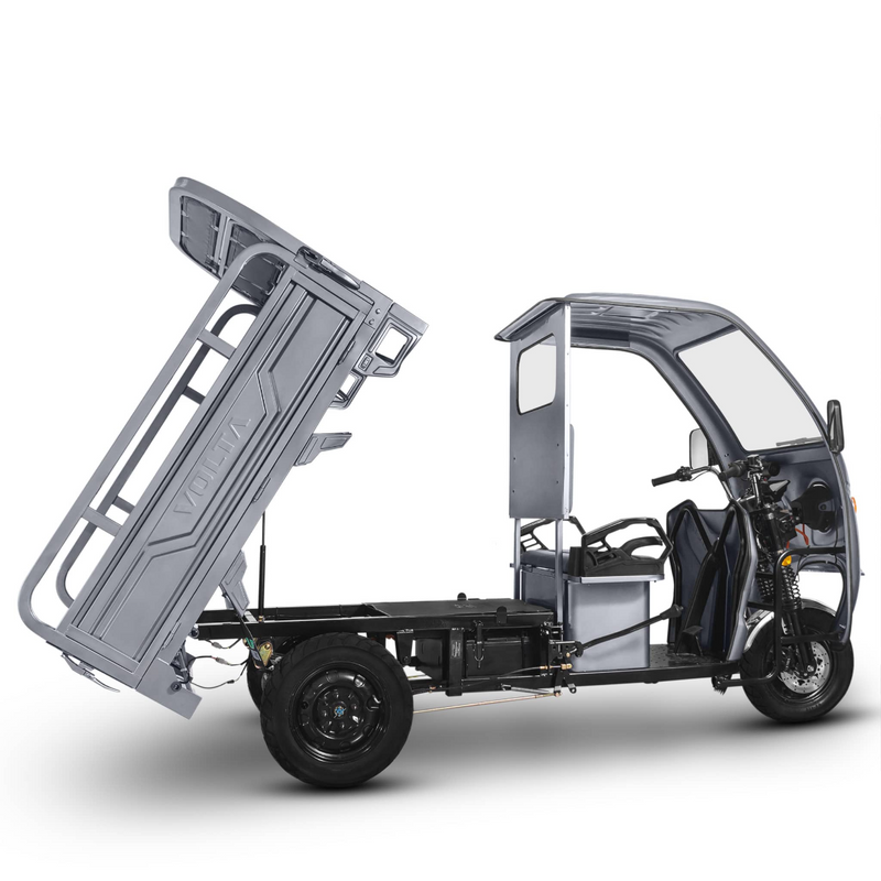Tricicleta electrica Voltarom Hercules VT5 putere 3900 W 72V 120 AH viteza 25 km/h autonomie 120 km cu cabina fara permis culoare gri