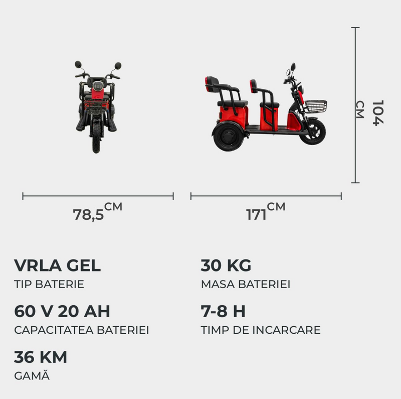 Tricicleta electrica Voltarom APM5 putere 1000 W 20 AH 60V viteza 25 km/h autonomie 40 km fara permis culoare alb