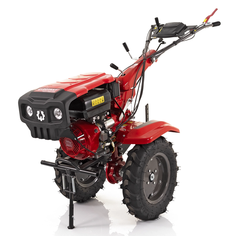 Motocultor Rotakt Gladiator RO15RE-2P motor 15CP benzina 2+1 viteze latime lucru 56-135 cm freze roti cauciuc 5.00-12" pornire electrica 2 prize de putere roti metal plug arat rarita reglabila plug cartofi 5l ulei