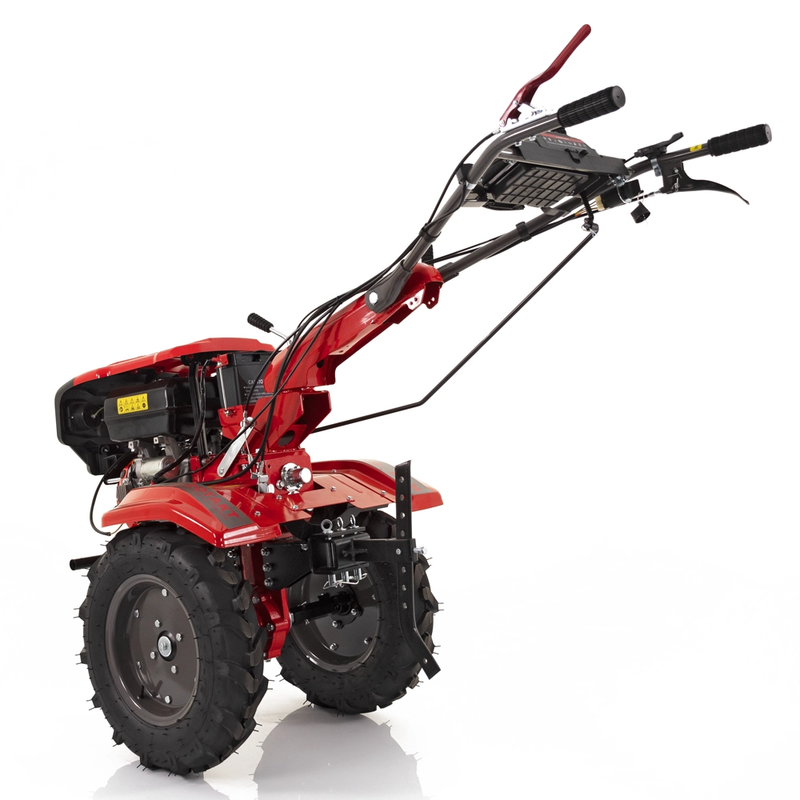 Motocultor Rotakt Gladiator RO15RE-2P motor 15CP benzina 2+1 viteze latime lucru 56-135 cm freze roti cauciuc 5.00-12" pornire electrica 2 prize de putere roti metal plug arat rarita reglabila plug cartofi cultivator plug reversibil 5l ulei