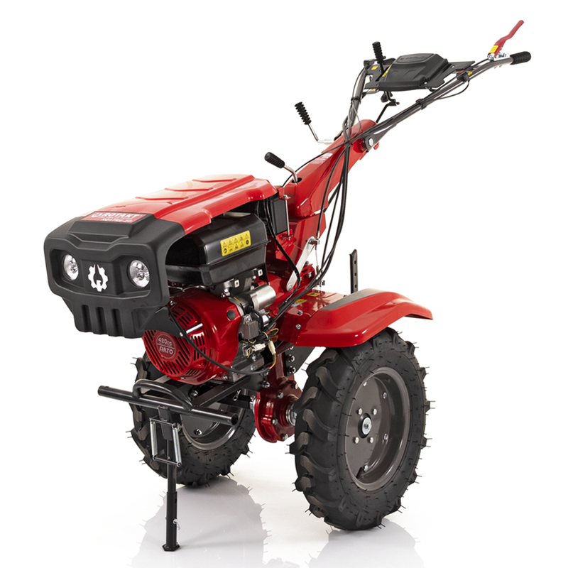Motocultor Rotakt Goliath RO17RE-2P motor 17CP benzina 2+1 viteze latime lucru 56-135 cm freze roti cauciuc 5.00-12" pornire electrica 2 prize de putere roti metal plug arat rarita reglabila 5l ulei