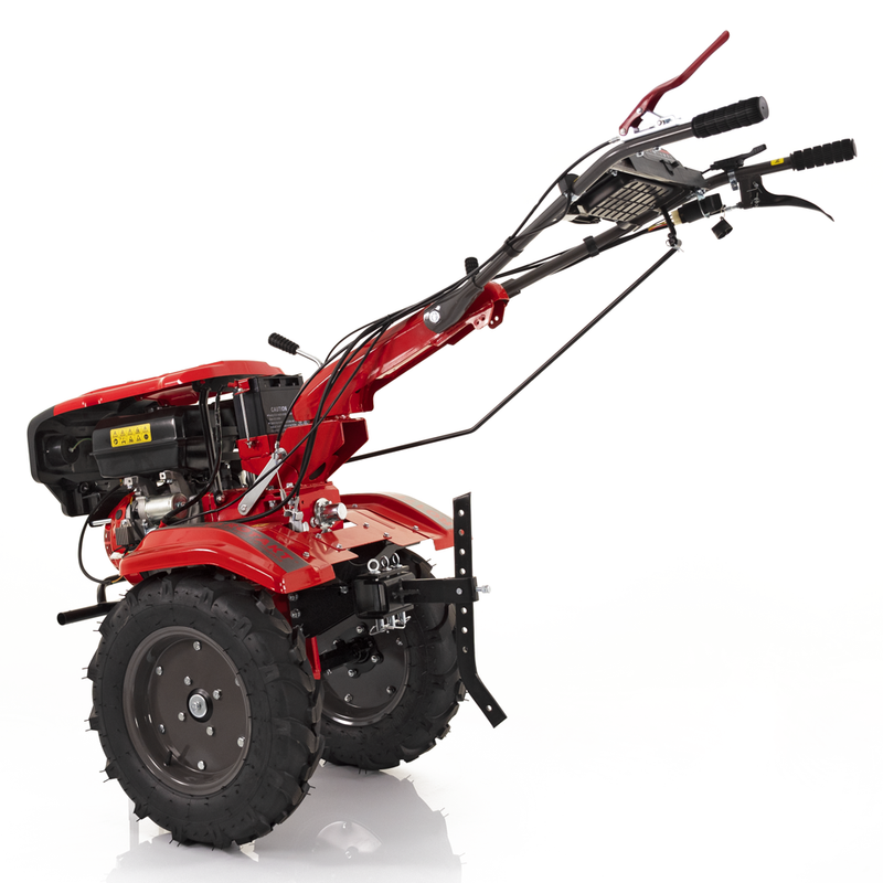 Motocultor Rotakt Goliath RO17RE-2P motor 17CP benzina 2+1 viteze latime lucru 56-135 cm freze roti cauciuc 5.00-12" pornire electrica 2 prize de putere roti metal plug arat rarita reglabila 5l ulei